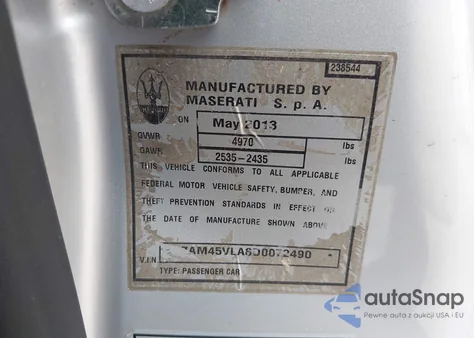 2013 Maserati Granturismo Mc/Sport из США, поврежденный, VIN ZAM45VLA8D0072490